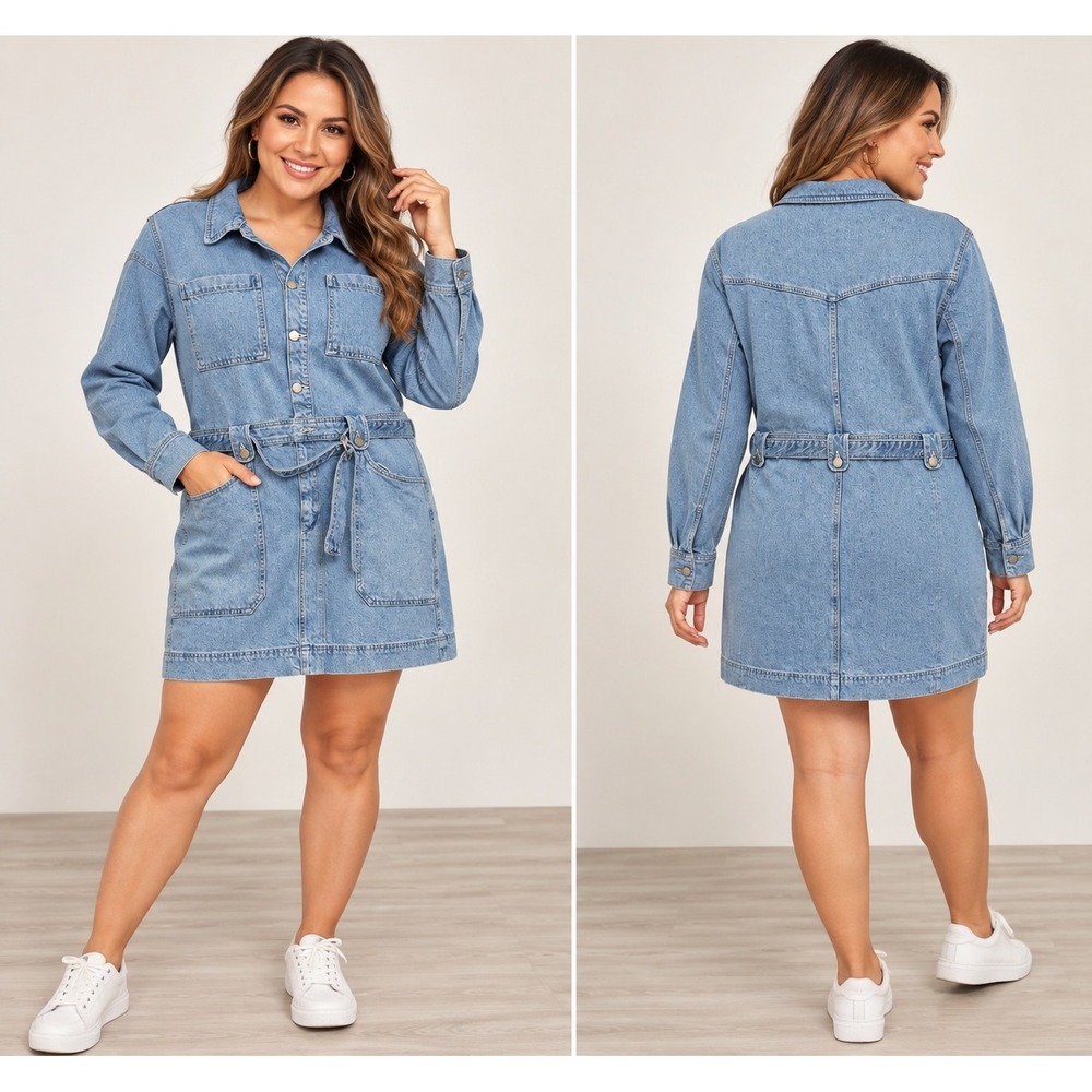 DL1961 Coletta Denim Mini Dress Fountain Blue Cotton Belted Utility Size L